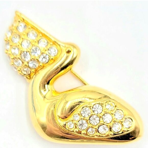 Swarovski Goldtone Clear Crystal Pelican Brooch Signed - Picture 1 of 7